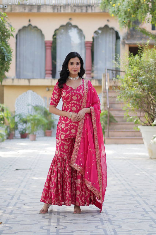 Pattern Wedding & Party Wear Georgette Pink Color Sharara Suit