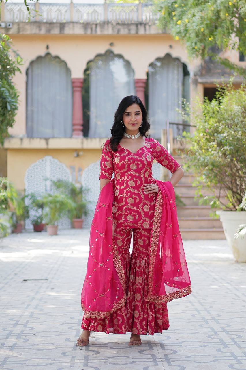 Pattern Wedding & Party Wear Georgette Pink Color Sharara Suit