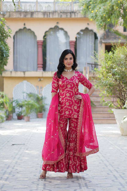 Pattern Wedding & Party Wear Georgette Pink Color Sharara Suit