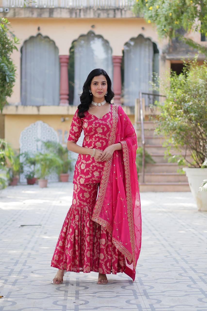 Pattern Wedding & Party Wear Georgette Pink Color Sharara Suit