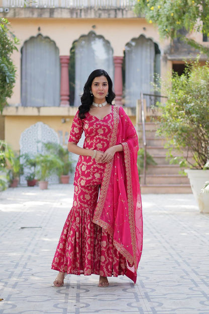 Pattern Wedding & Party Wear Georgette Pink Color Sharara Suit