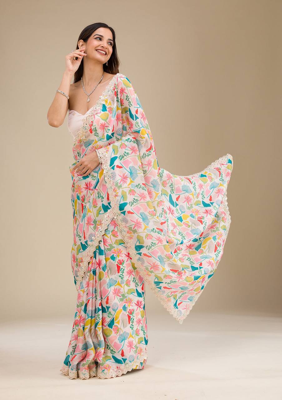 Awesome Georgette Digital Prints Cream Color Saree