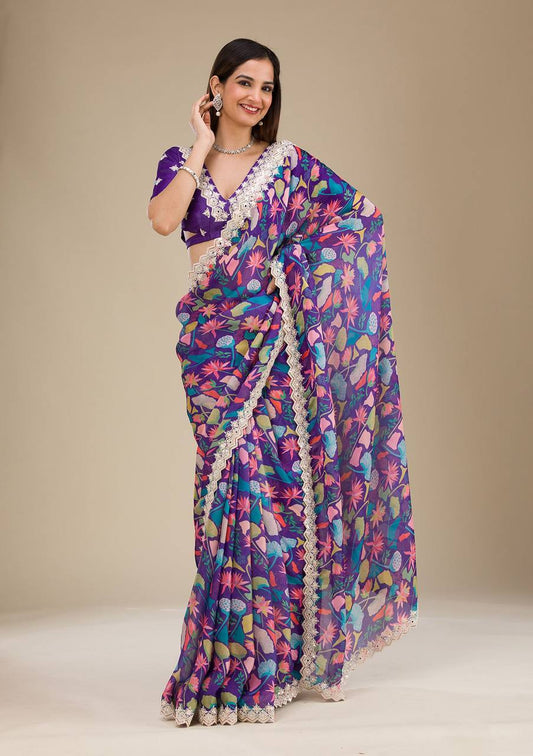 Awesome Georgette Digital Prints Purple Color Saree