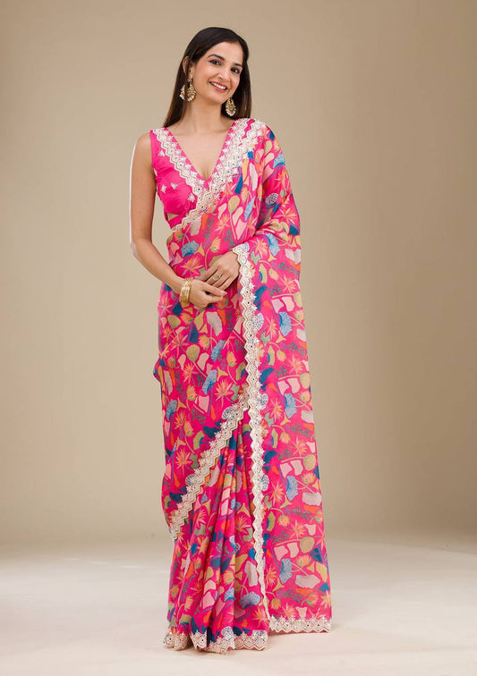 Awesome Georgette Digital Prints Pink Color Saree