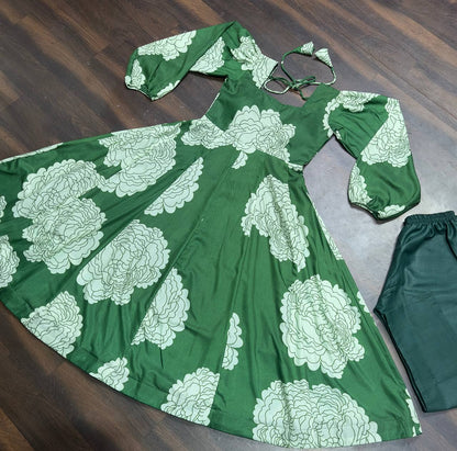 Awesome Maslin Print Work Green Color Gown