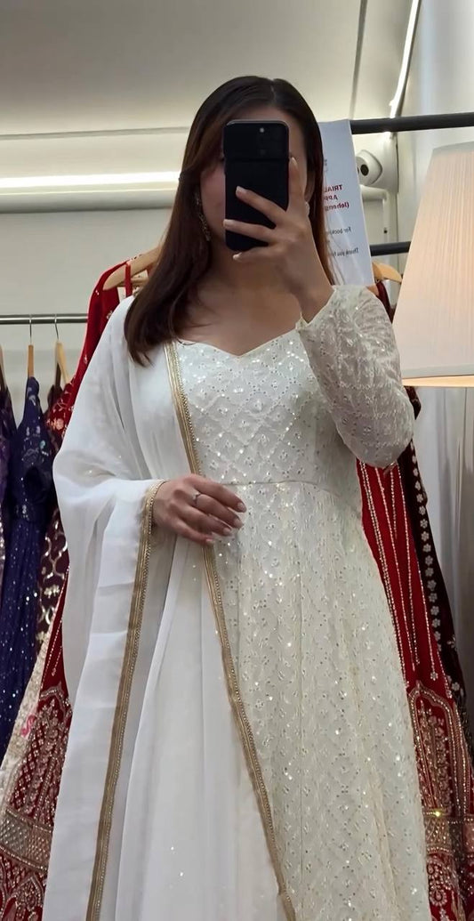 Mesmerizing Blooming Embroidered Work White Color Gown