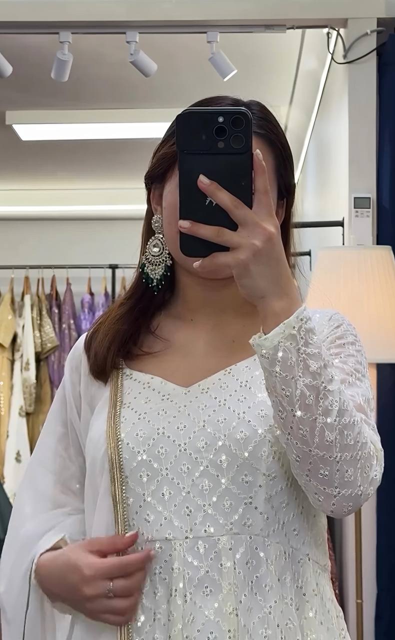 Mesmerizing Blooming Embroidered Work White Color Gown