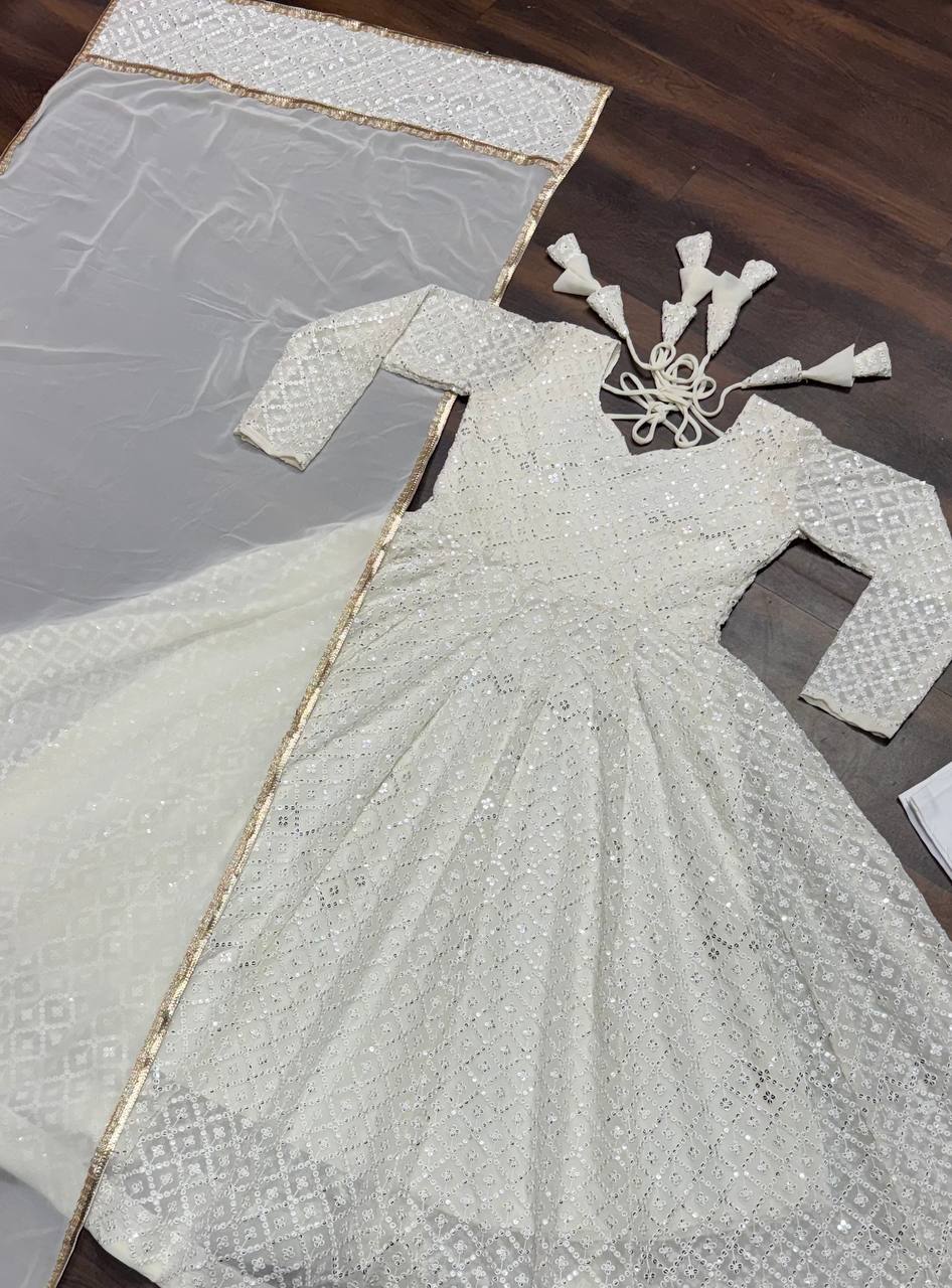 Mesmerizing Blooming Embroidered Work White Color Gown