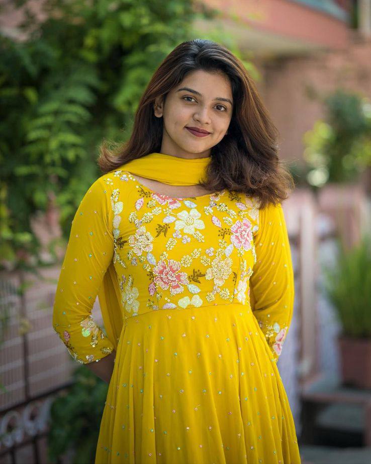 Glorious Georgette Sequence Work Yellow Color Gown