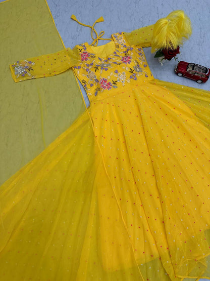 Glorious Georgette Sequence Work Yellow Color Gown
