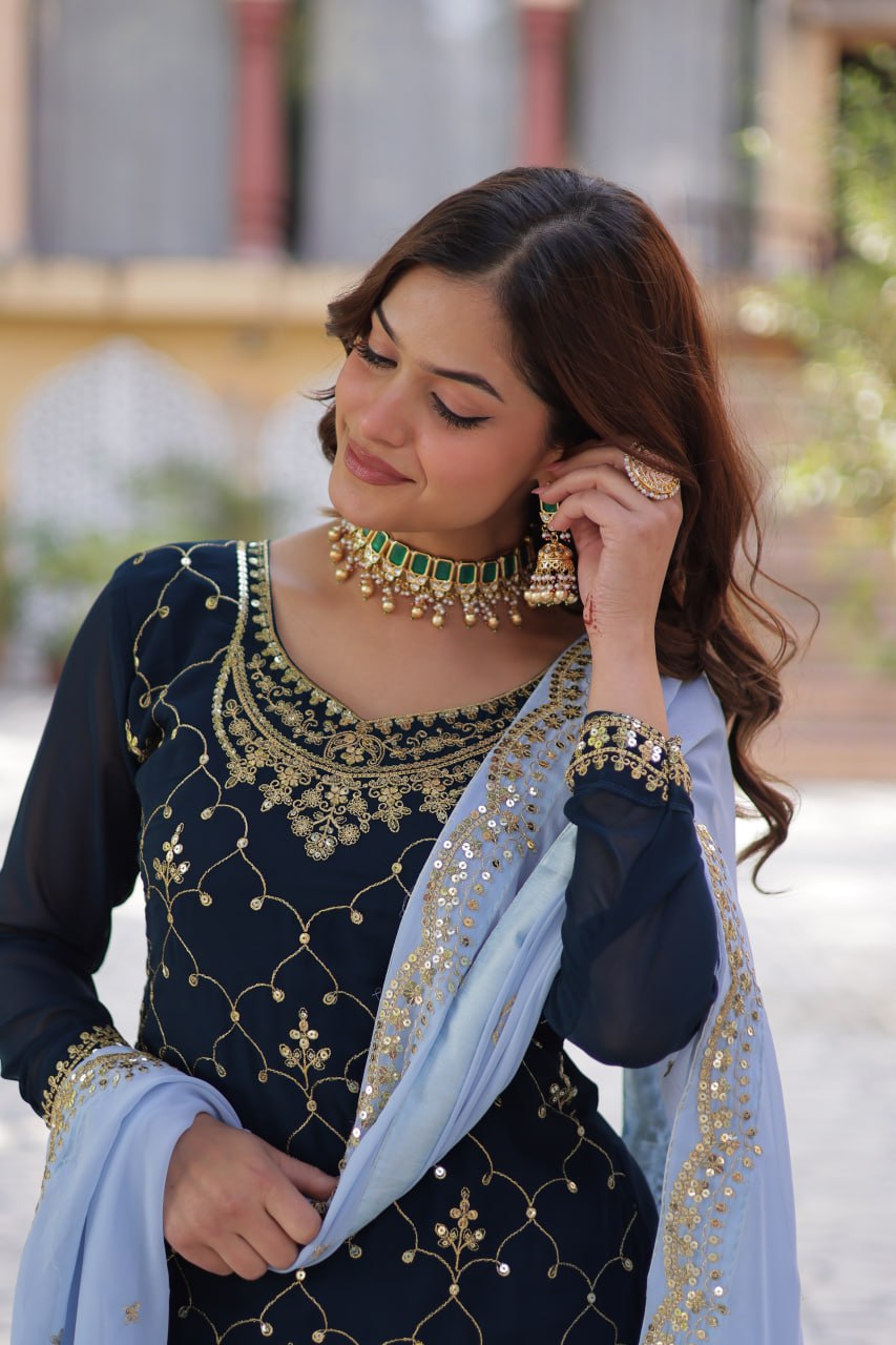 Presenting Embroidery Zari Sequins Work Rama Color Gown With Dupatta