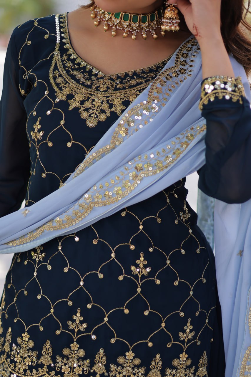 Presenting Embroidery Zari Sequins Work Rama Color Gown With Dupatta