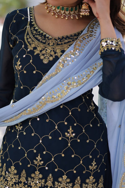 Presenting Embroidery Zari Sequins Work Rama Color Gown With Dupatta