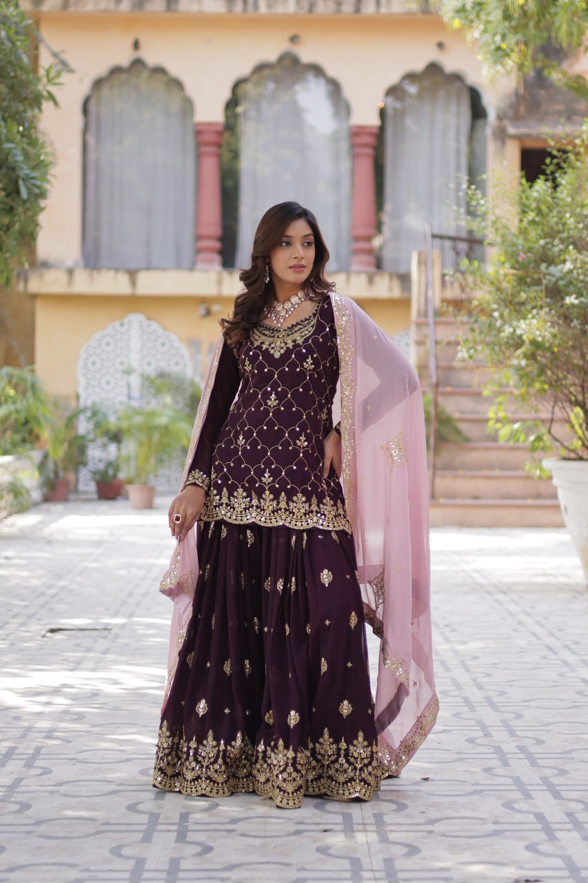 Good Looking Sequins Embroidered Work Maroon Color Sharara Suit