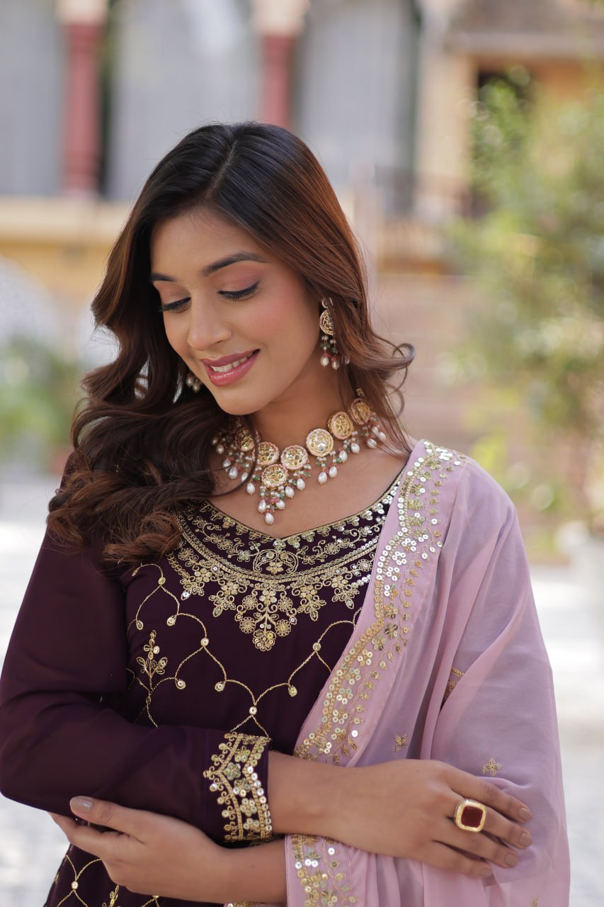 Good Looking Sequins Embroidered Work Maroon Color Sharara Suit