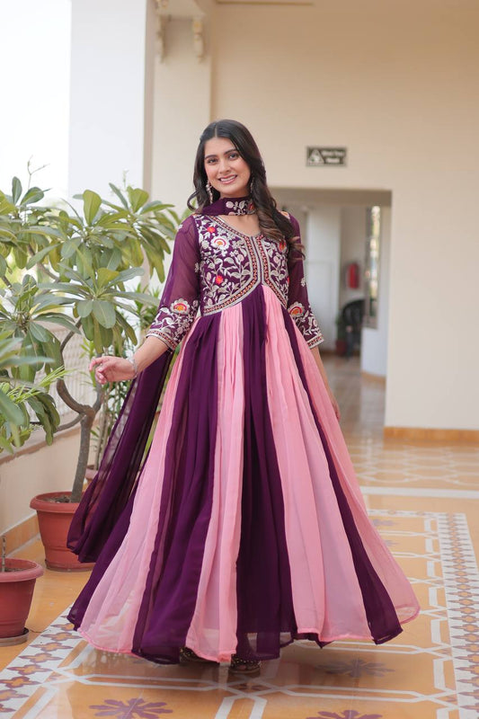 Ravishing Sequence Thred Embroidery Work Wine Color Long Gown With Dupatta