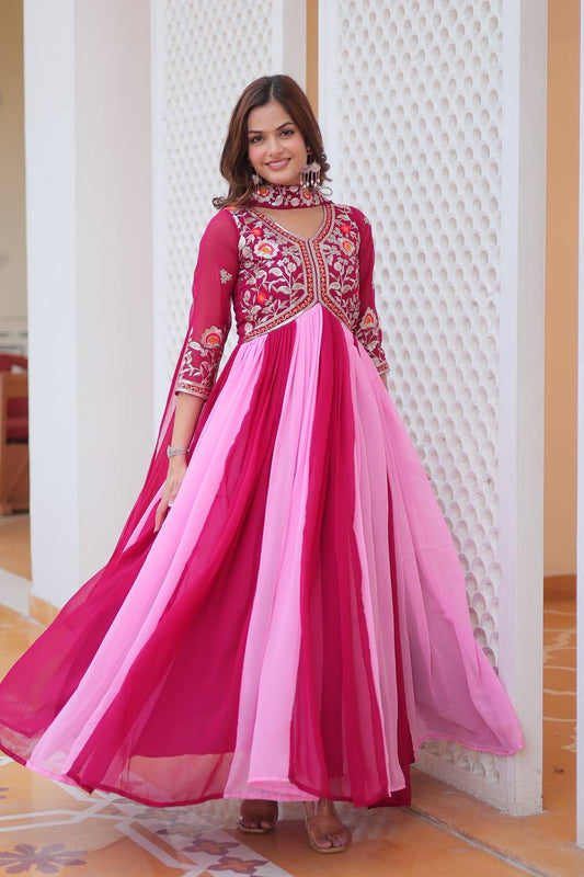 Ravishing Sequence Thred Embroidery Work Pink Color Long Gown With Dupatta