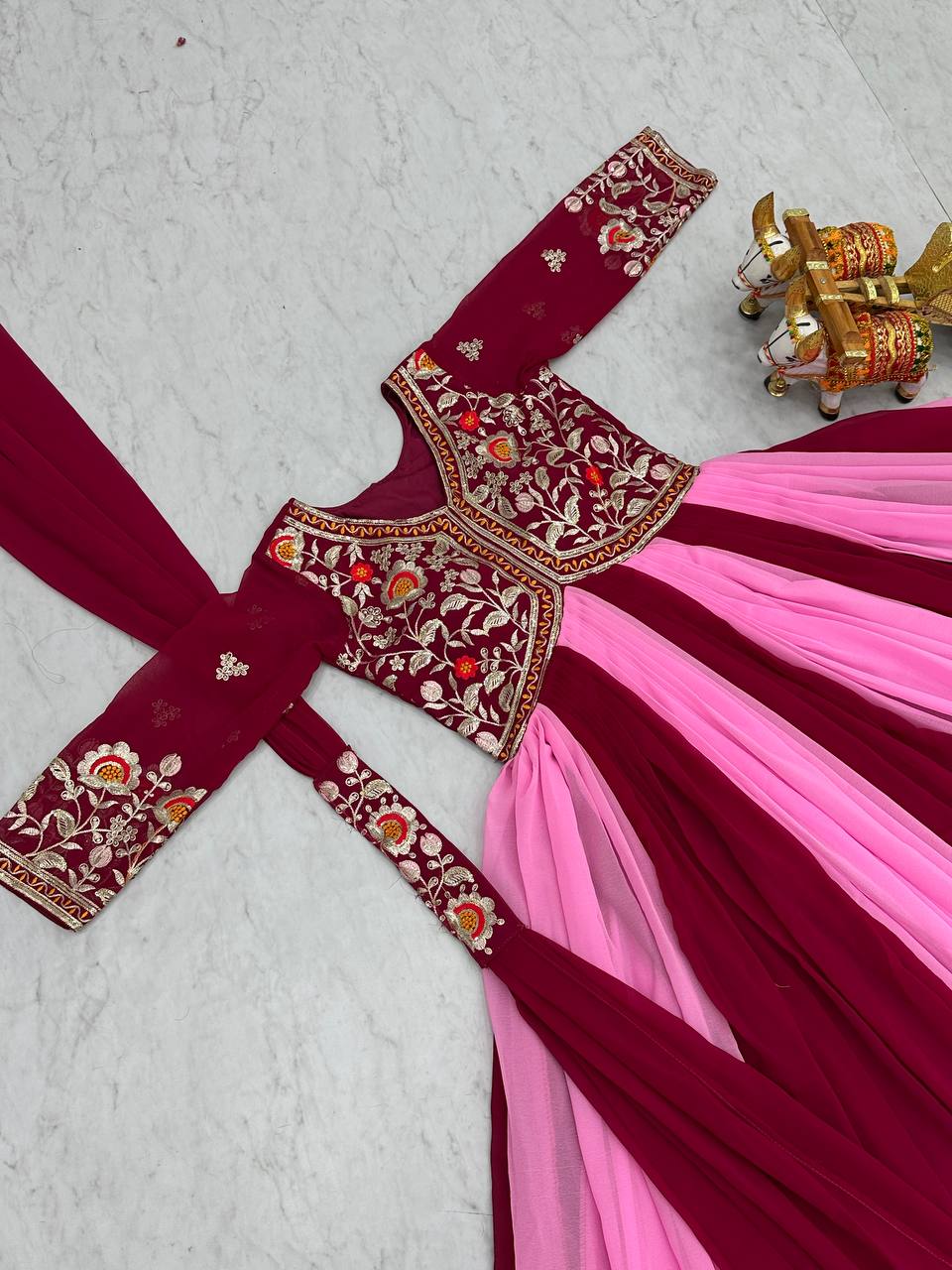 Ravishing Sequence Thred Embroidery Work Pink Color Long Gown With Dupatta
