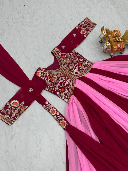 Ravishing Sequence Thred Embroidery Work Pink Color Long Gown With Dupatta