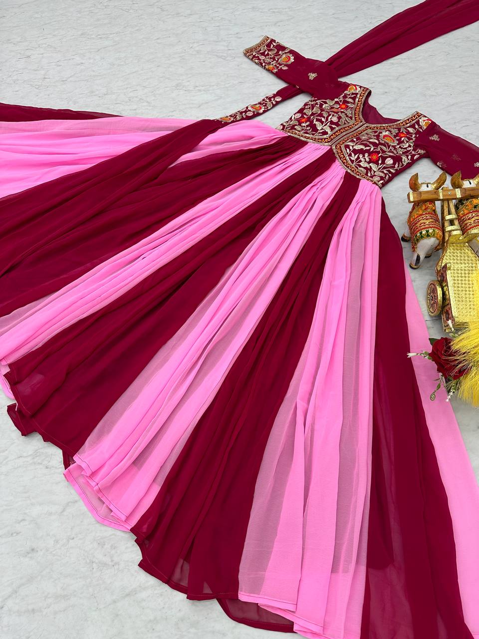 Ravishing Sequence Thred Embroidery Work Pink Color Long Gown With Dupatta