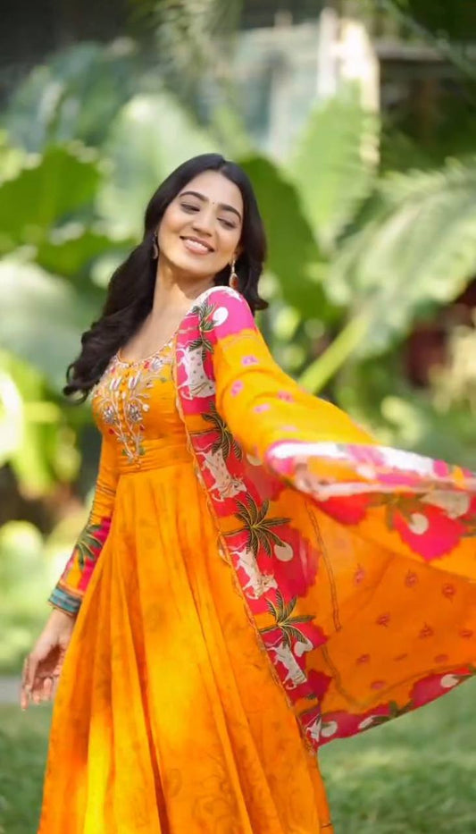 Fabulous Kalamkari Print Yellow Color Gown With Dupatta