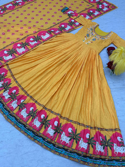 Fabulous Kalamkari Print Yellow Color Gown With Dupatta