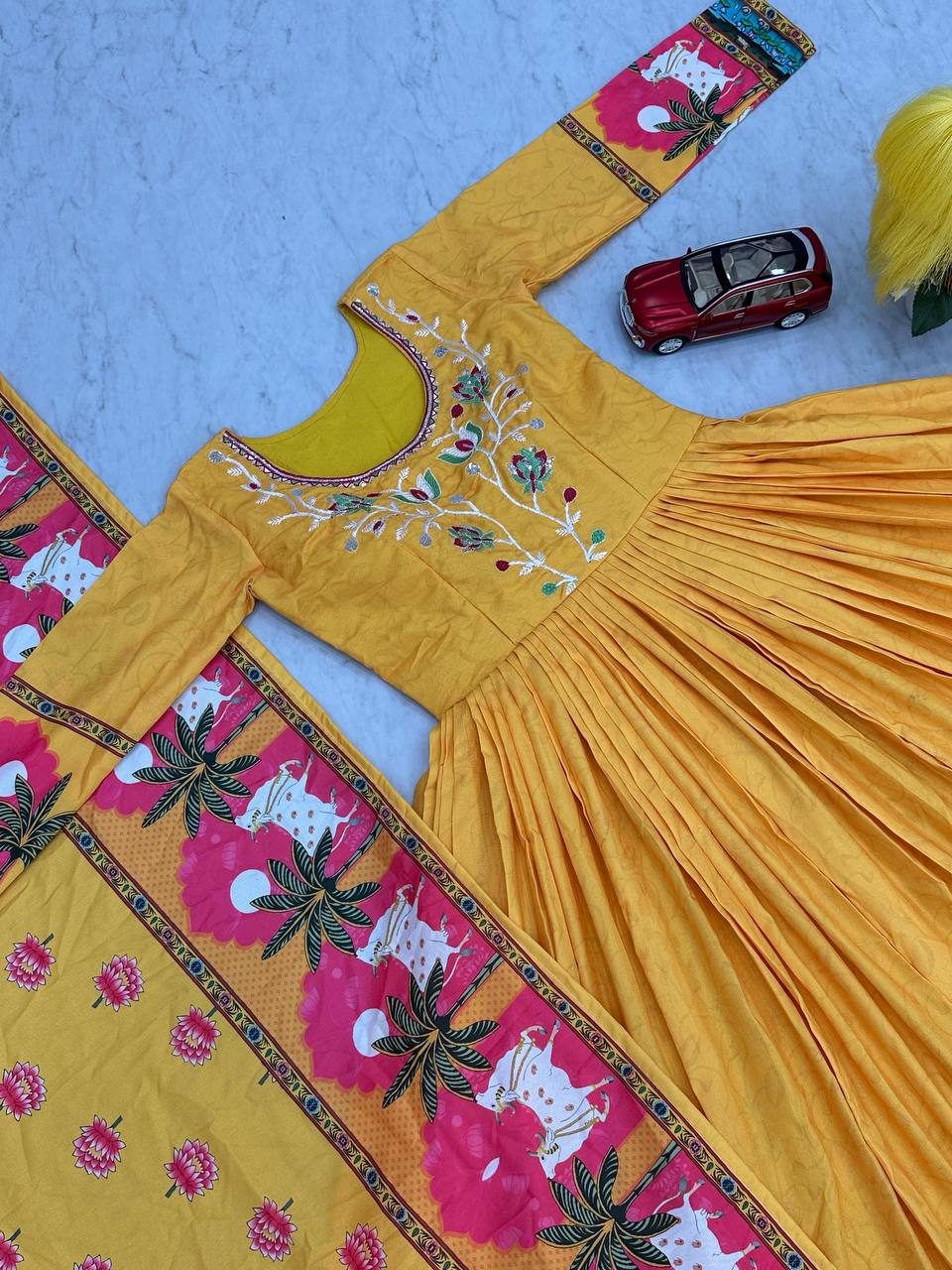 Fabulous Kalamkari Print Yellow Color Gown With Dupatta