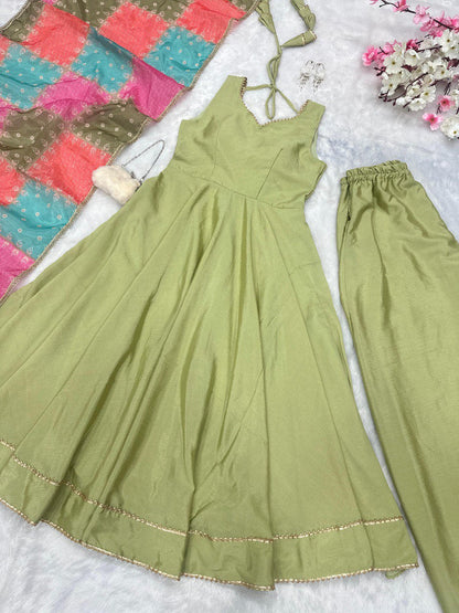 Classic Green Color Chinnon Silk Long Anarkali Suit