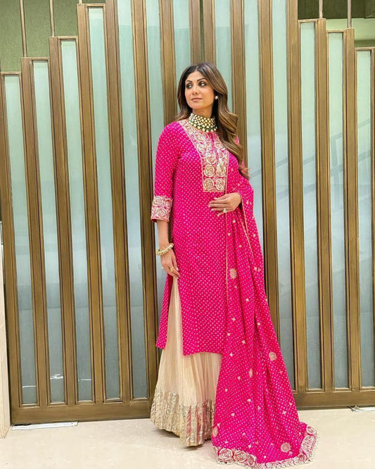 Delightful Sequence With Print Work Pink Color Sharara Suit