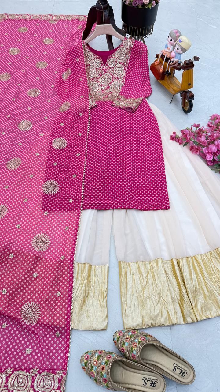 Delightful Sequence With Print Work Pink Color Sharara Suit