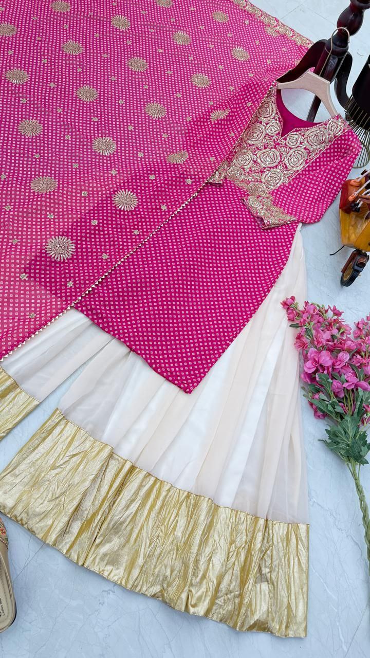 Delightful Sequence With Print Work Pink Color Sharara Suit