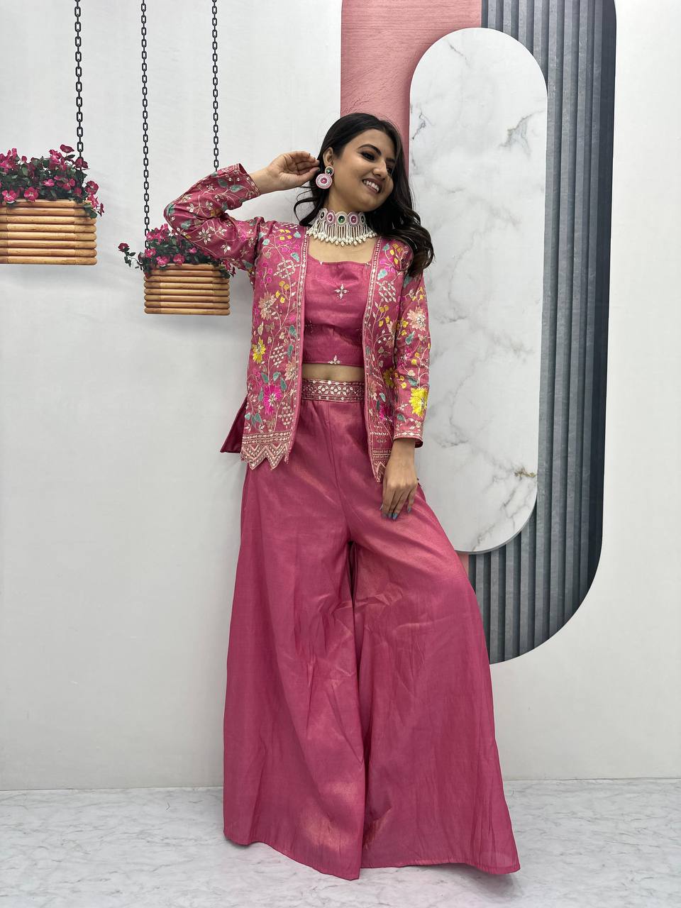 Glorious Tissue Simmer Pink Color Palazzo Suit With Shrug
