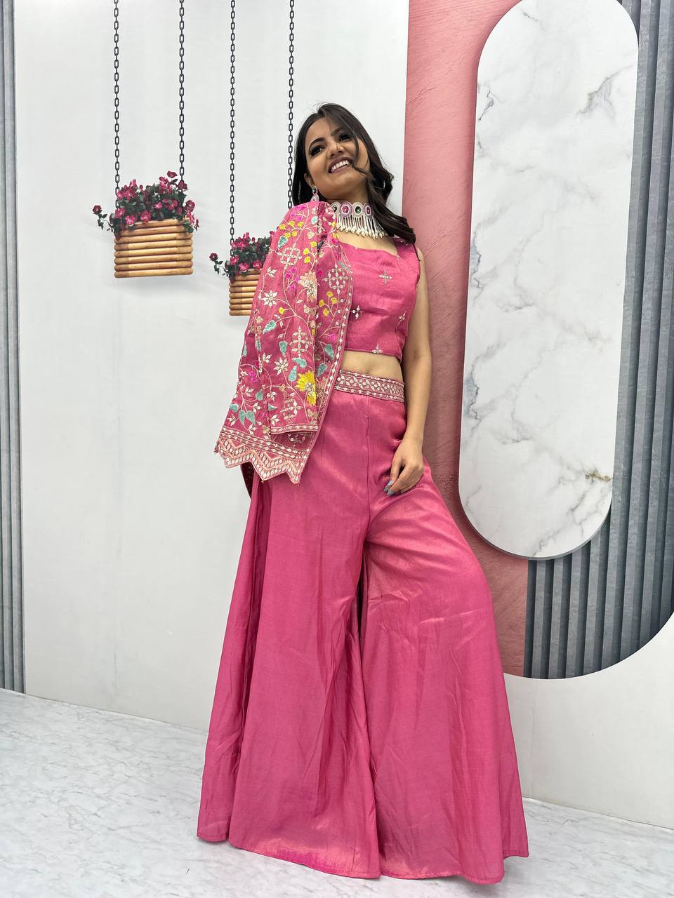 Glorious Tissue Simmer Pink Color Palazzo Suit With Shrug