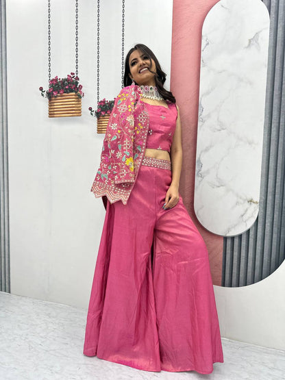 Glorious Tissue Simmer Pink Color Palazzo Suit With Shrug