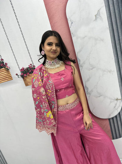 Glorious Tissue Simmer Pink Color Palazzo Suit With Shrug