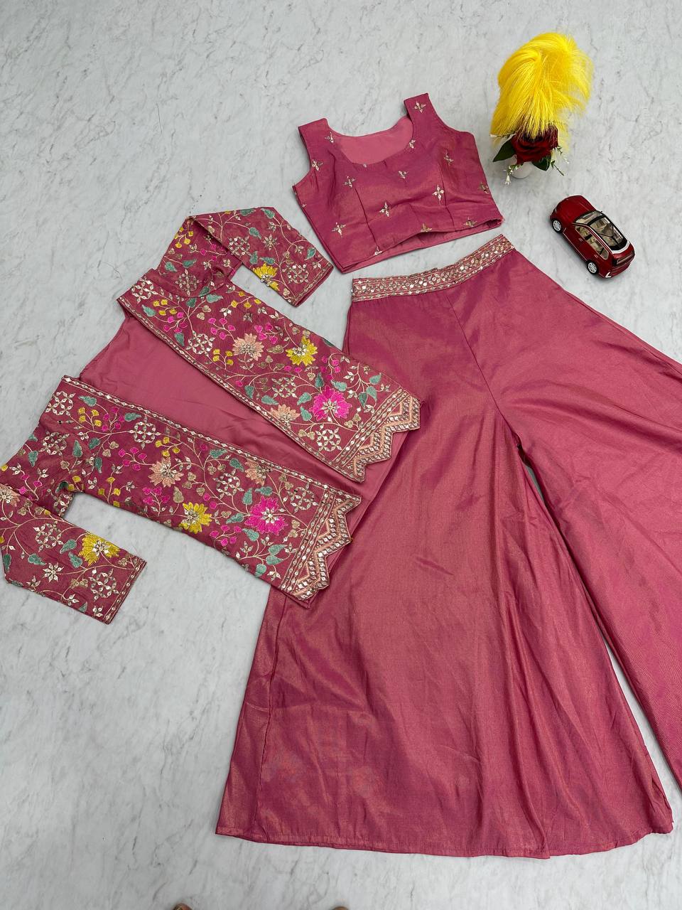 Glorious Tissue Simmer Pink Color Palazzo Suit With Shrug
