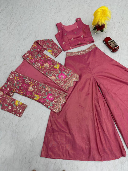 Glorious Tissue Simmer Pink Color Palazzo Suit With Shrug