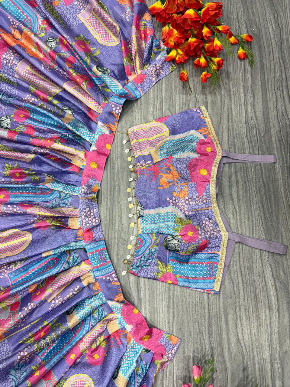 Glimmering Floral Print  Multi Color Designer Lehenga Choli With Koti Style Dupatta