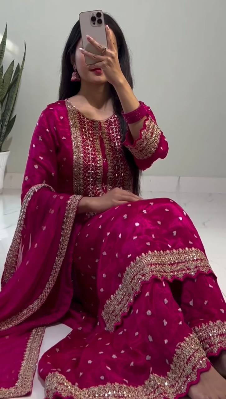 Flattering Chinon Silk Sequence Work Pink Color Sharara Suit