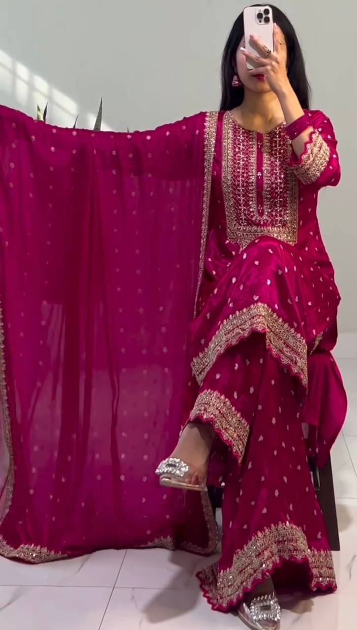 Flattering Chinon Silk Sequence Work Pink Color Sharara Suit