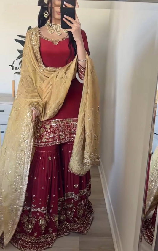 Exclusive Embroidery Sequence Work Maroon Color Sharara Suit