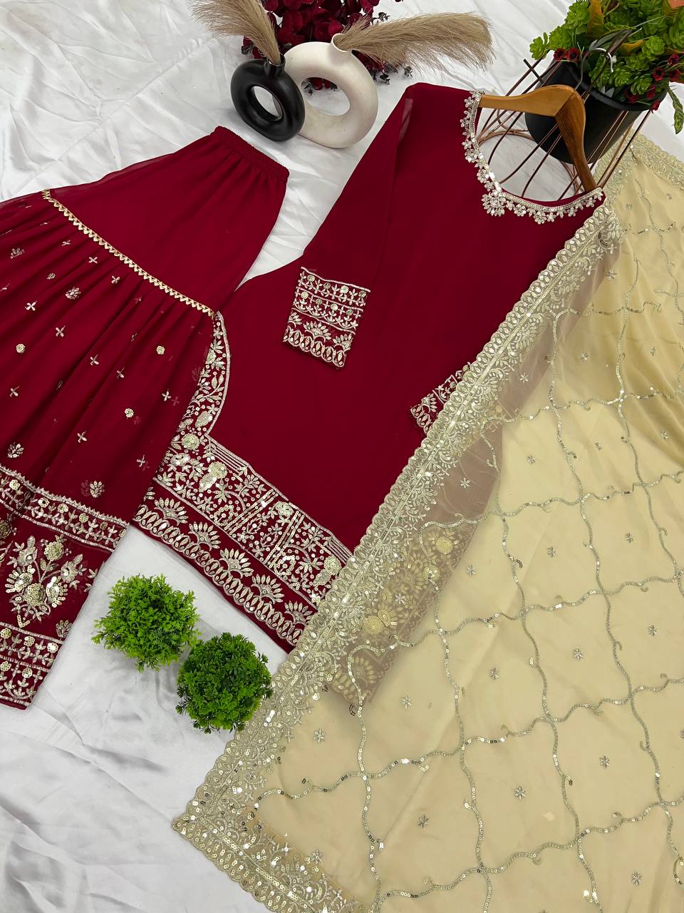 Exclusive Embroidery Sequence Work Maroon Color Sharara Suit