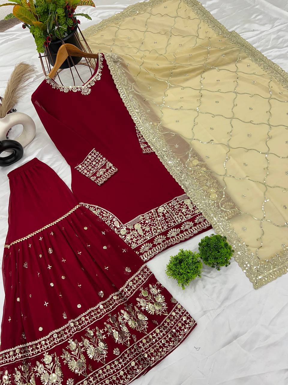 Exclusive Embroidery Sequence Work Maroon Color Sharara Suit