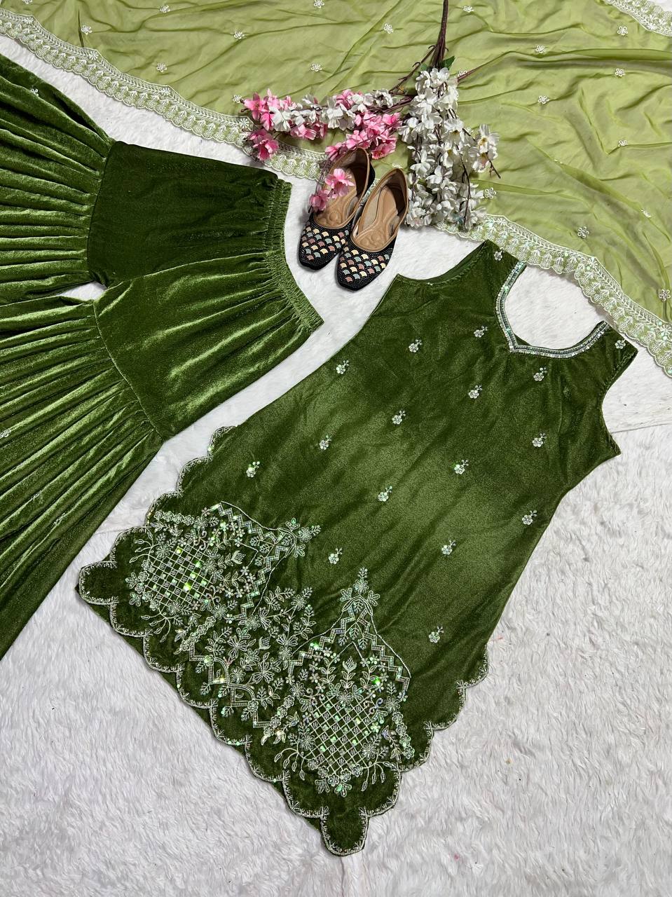 Preferable Sequence Work Green Color Sharara Suit