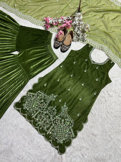 Preferable Sequence Work Green Color Sharara Suit