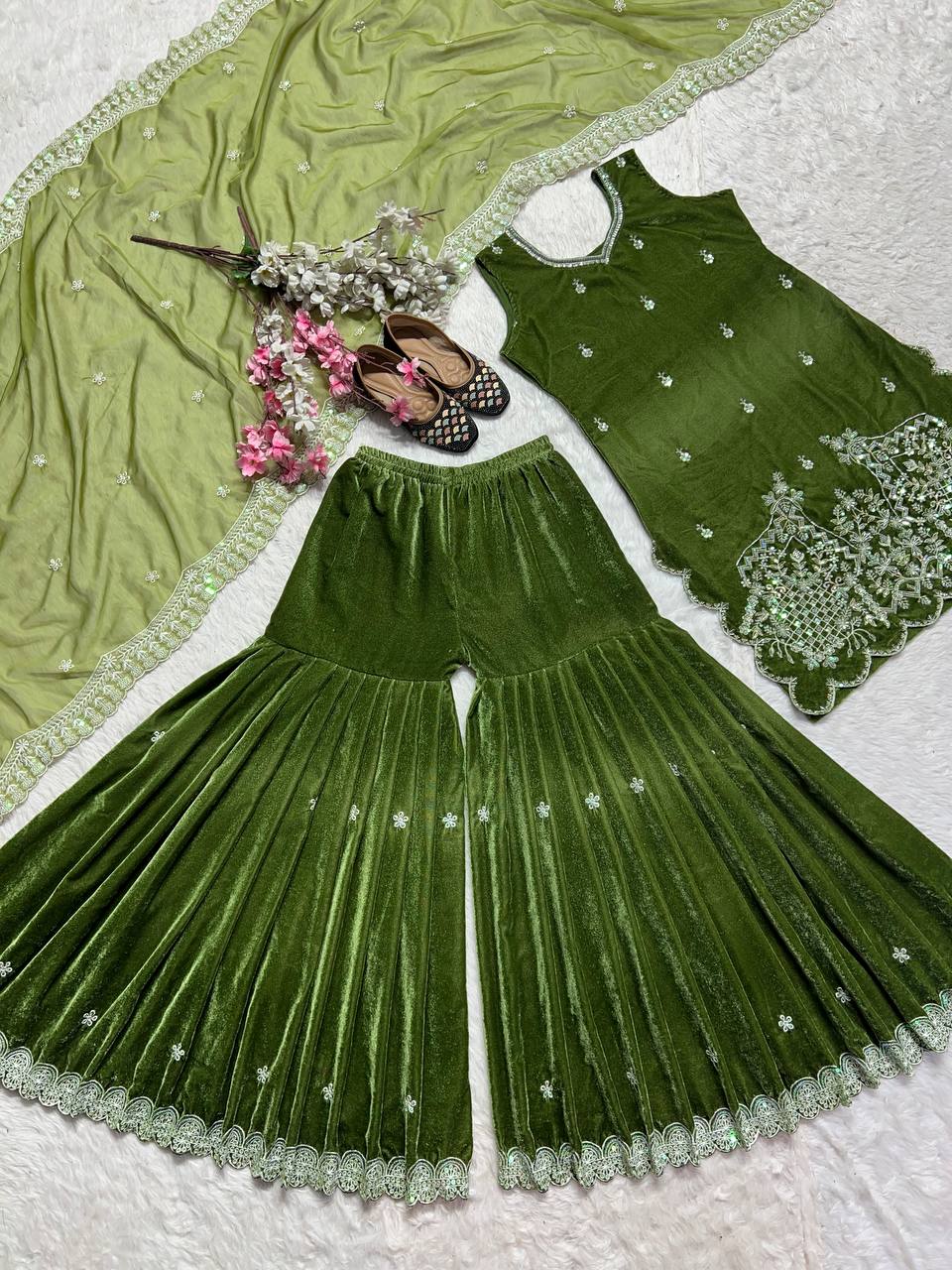Preferable Sequence Work Green Color Sharara Suit