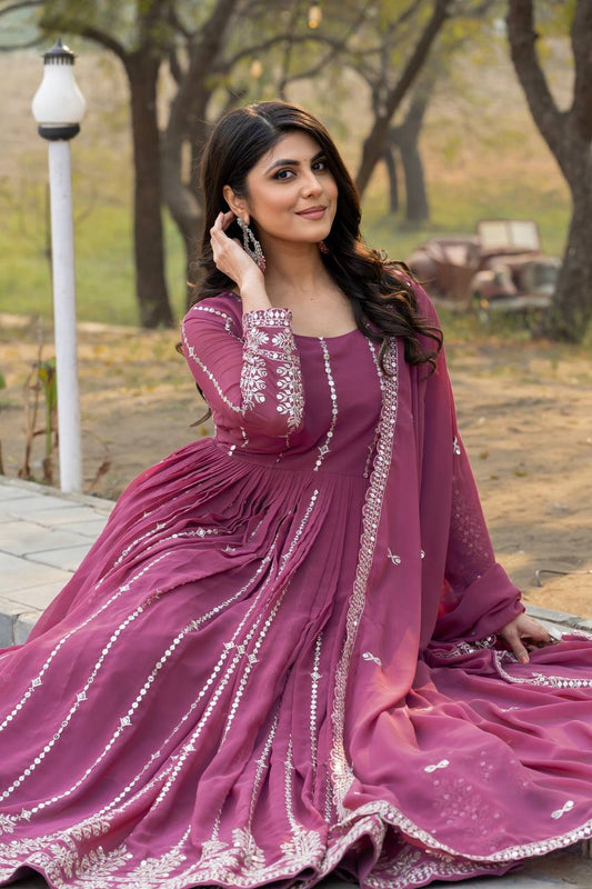 Eyes Catching Georgette Embroidery Work Onion Color Gown