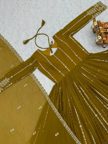 Eyes Catching Georgette Embroidery Work Mustard Color Gown