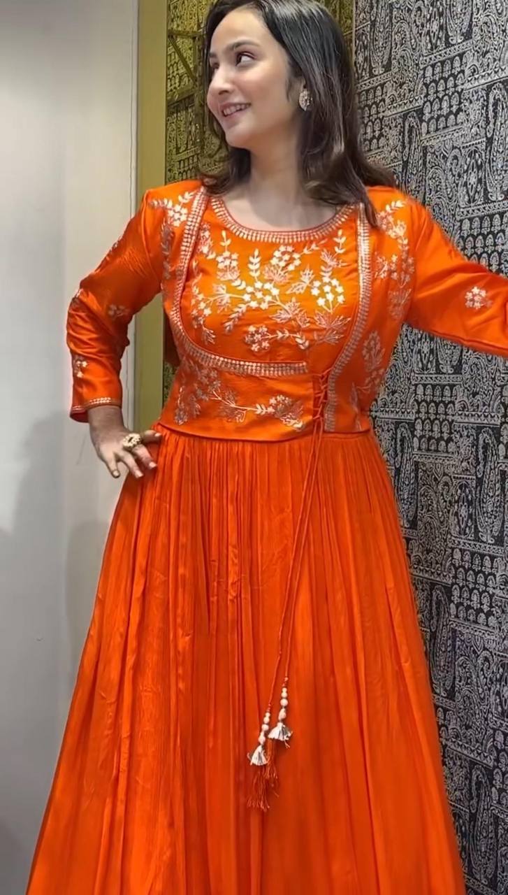 Wonderful Chinon Sequence Work Orange Color Gown