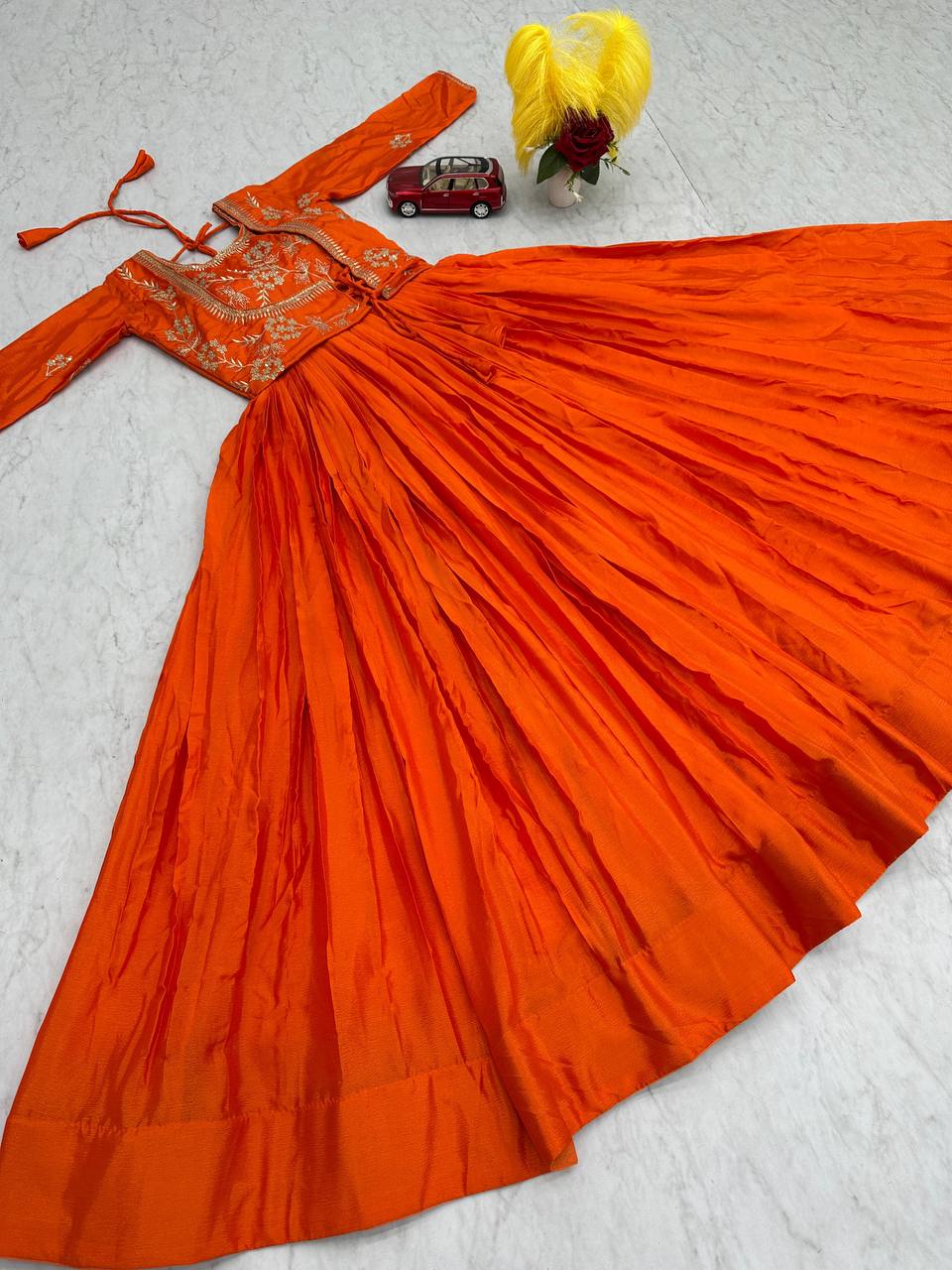 Wonderful Chinon Sequence Work Orange Color Gown